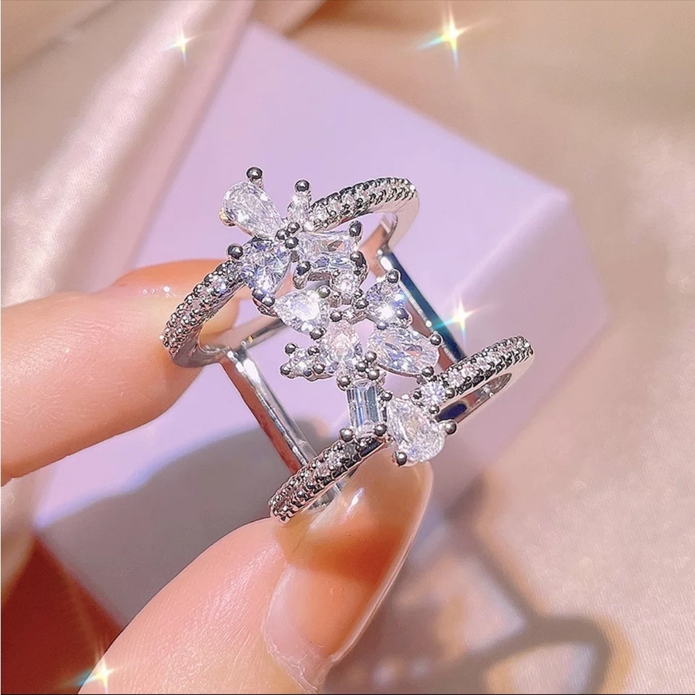 New 925 Silver Flower BlingBling Geometric Ladies Party Birthday Diamond Ring - Picture 5 of 5